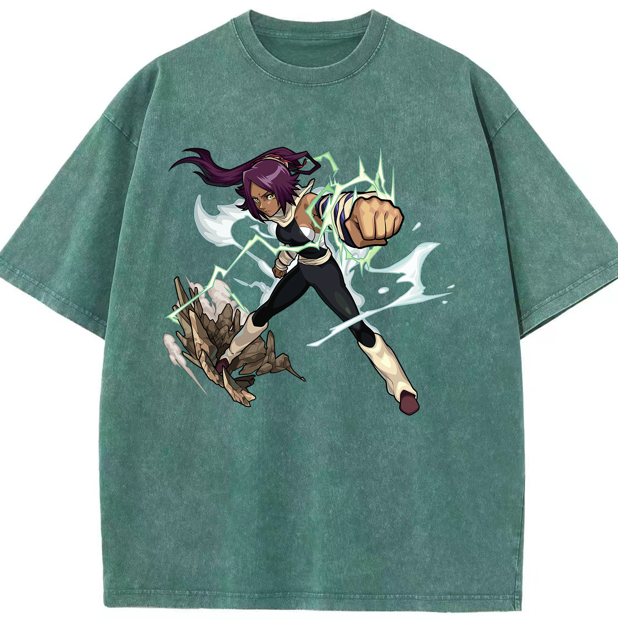 （画像用） ブリーチ 四楓院 夜一（しほういん よるいち） BLEACH Shihouin Yoruichi 綿100% ヴィンテージ風 半袖Tシャツ（フロントプリント）